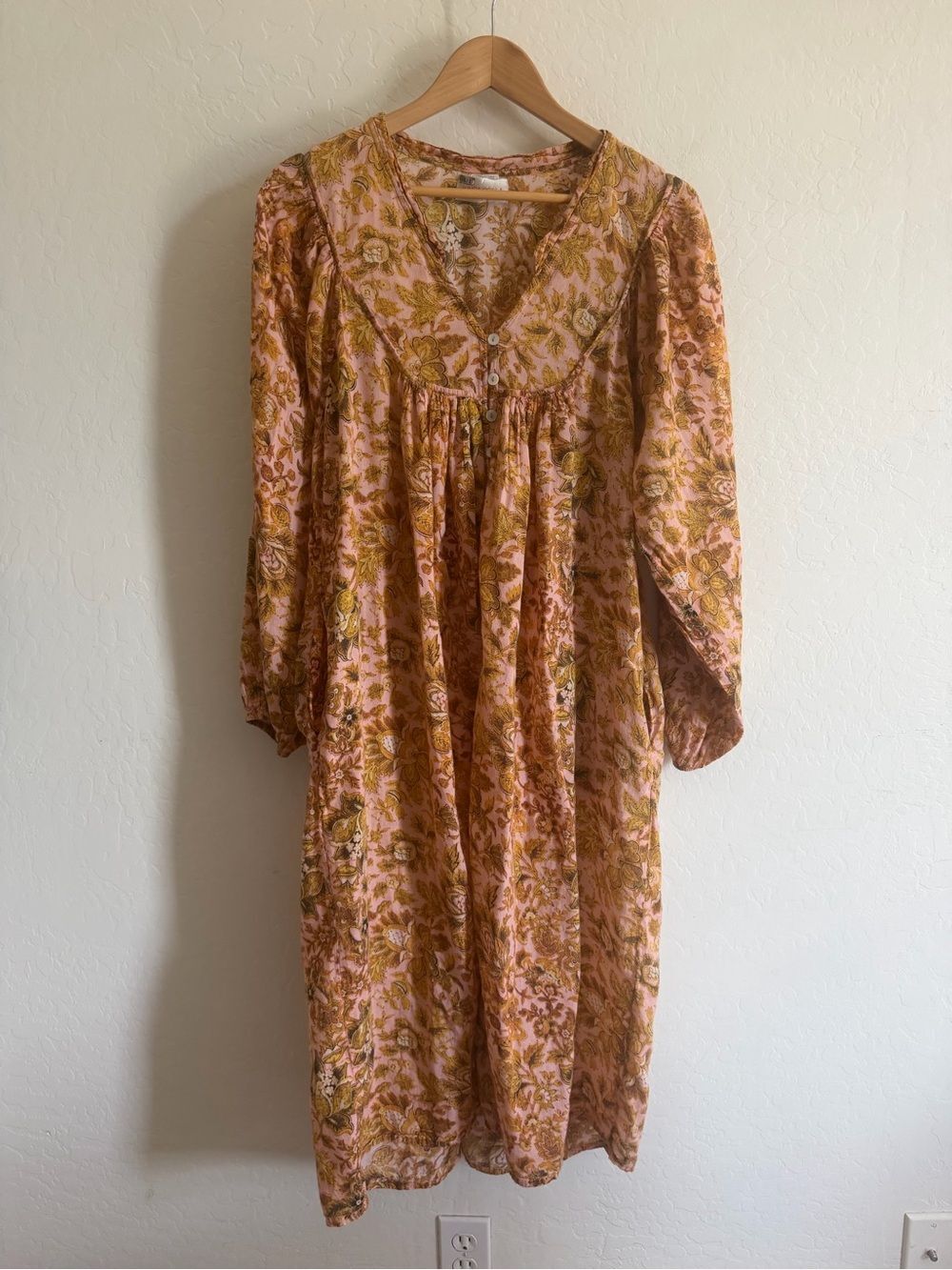 Kinga Csilla Floral Block Print Long Sleeve Midi Dress Pink Yellow L - Picture 3 of 7